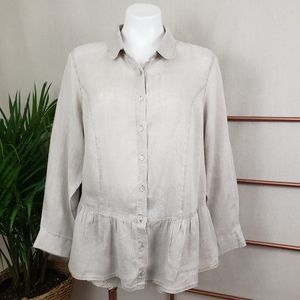 Tahari Tan Peplum Linen Button Down Blouse